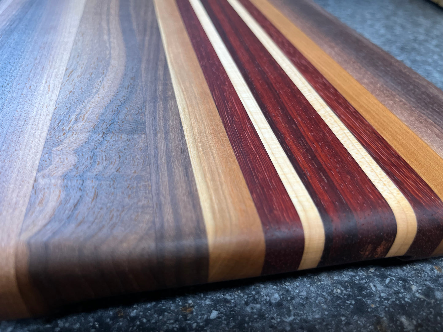 13-7/8"L X 10"W X 1"H Edge Grain Walnut Cutting Board with Cherry, Maple, Padauk accent strips