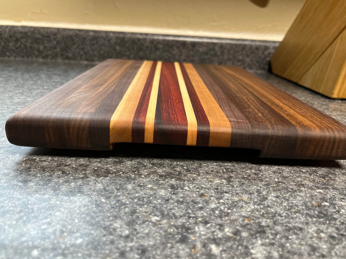 13-7/8"L X 10-1/4"W X 1"H Edge Grain Walnut Cutting Board with Cherry, Maple, Padauk accent strips