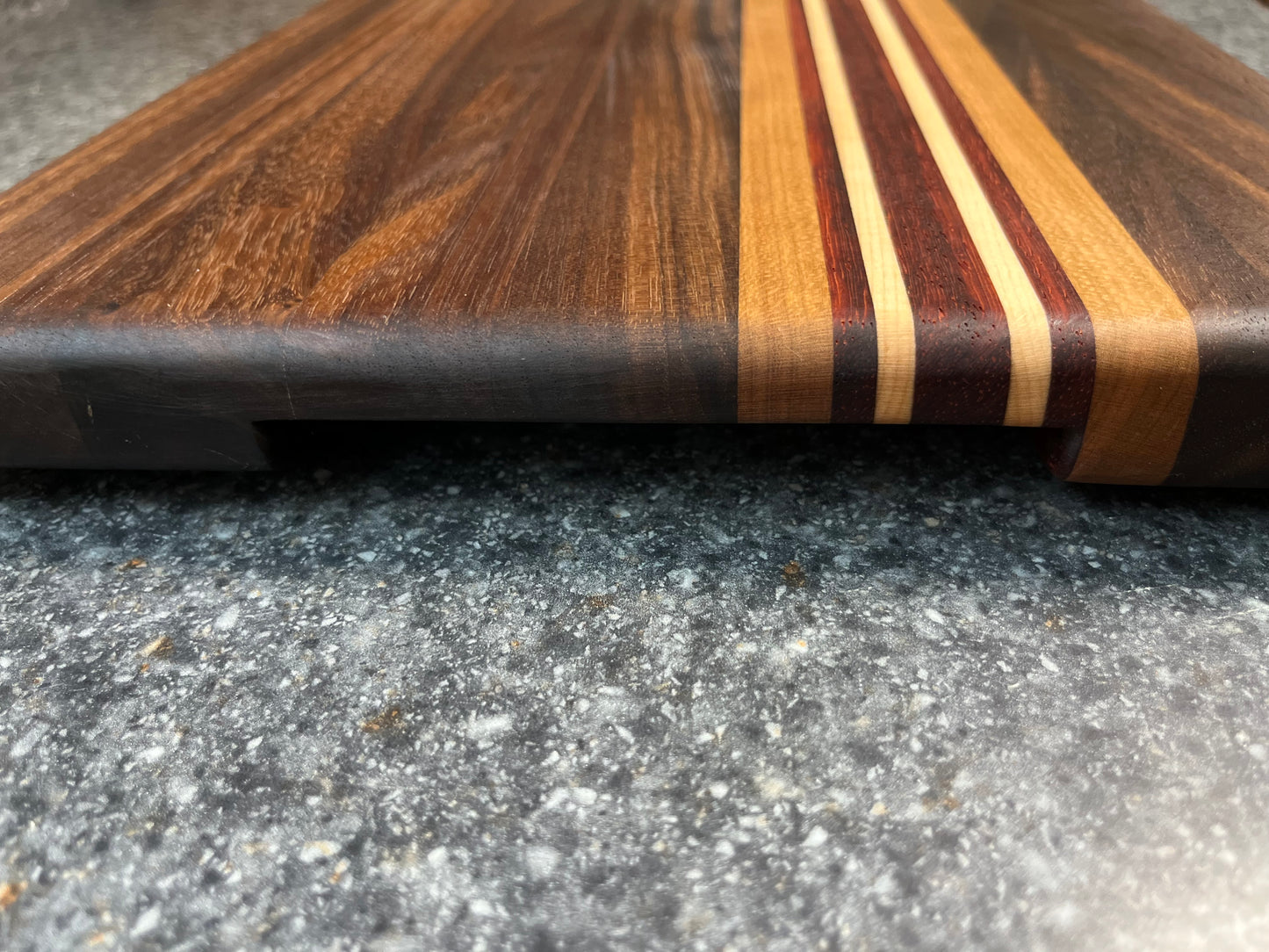 13-3/4"L X 10-1/4"W X 1"H Edge Grain Walnut Cutting Board with Cherry, Maple, Padauk accent strips