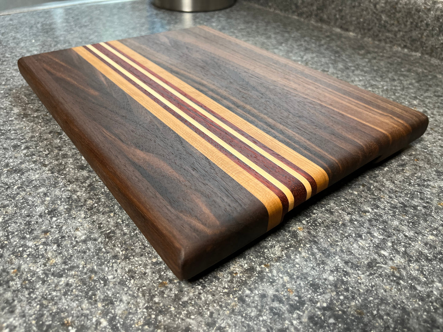 13-3/4"L X 10-1/4"W X 1"H Edge Grain Walnut Cutting Board with Cherry, Maple, Padauk accent strips