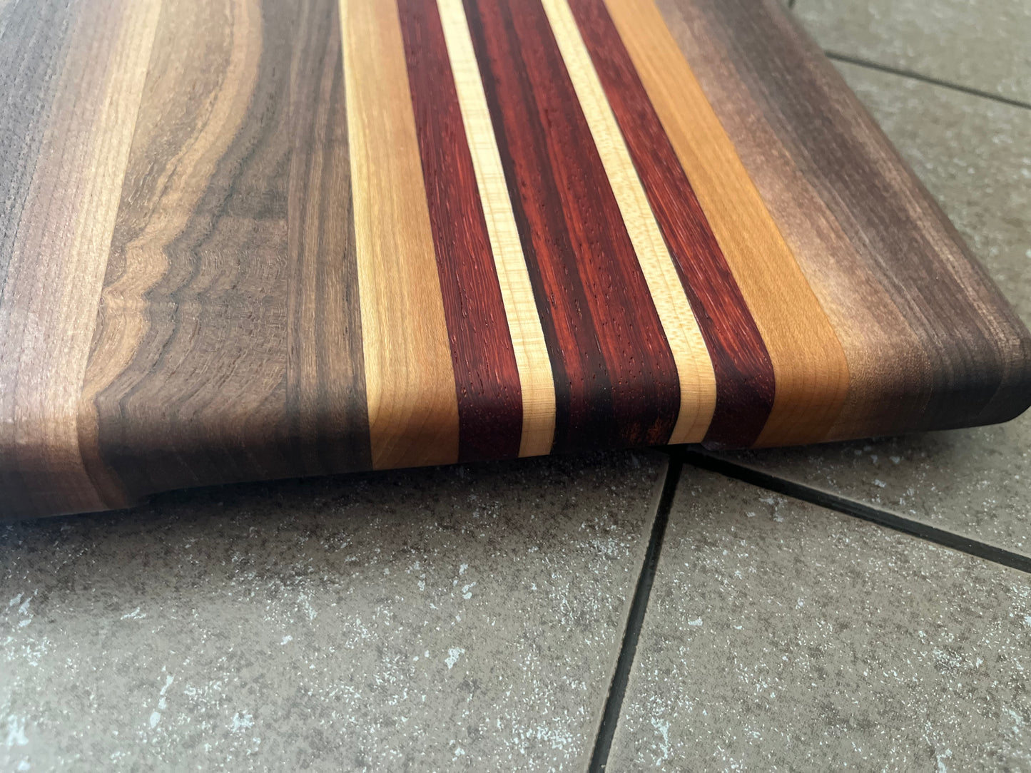 13-7/8"L X 10"W X 1"H Edge Grain Walnut Cutting Board with Cherry, Maple, Padauk accent strips