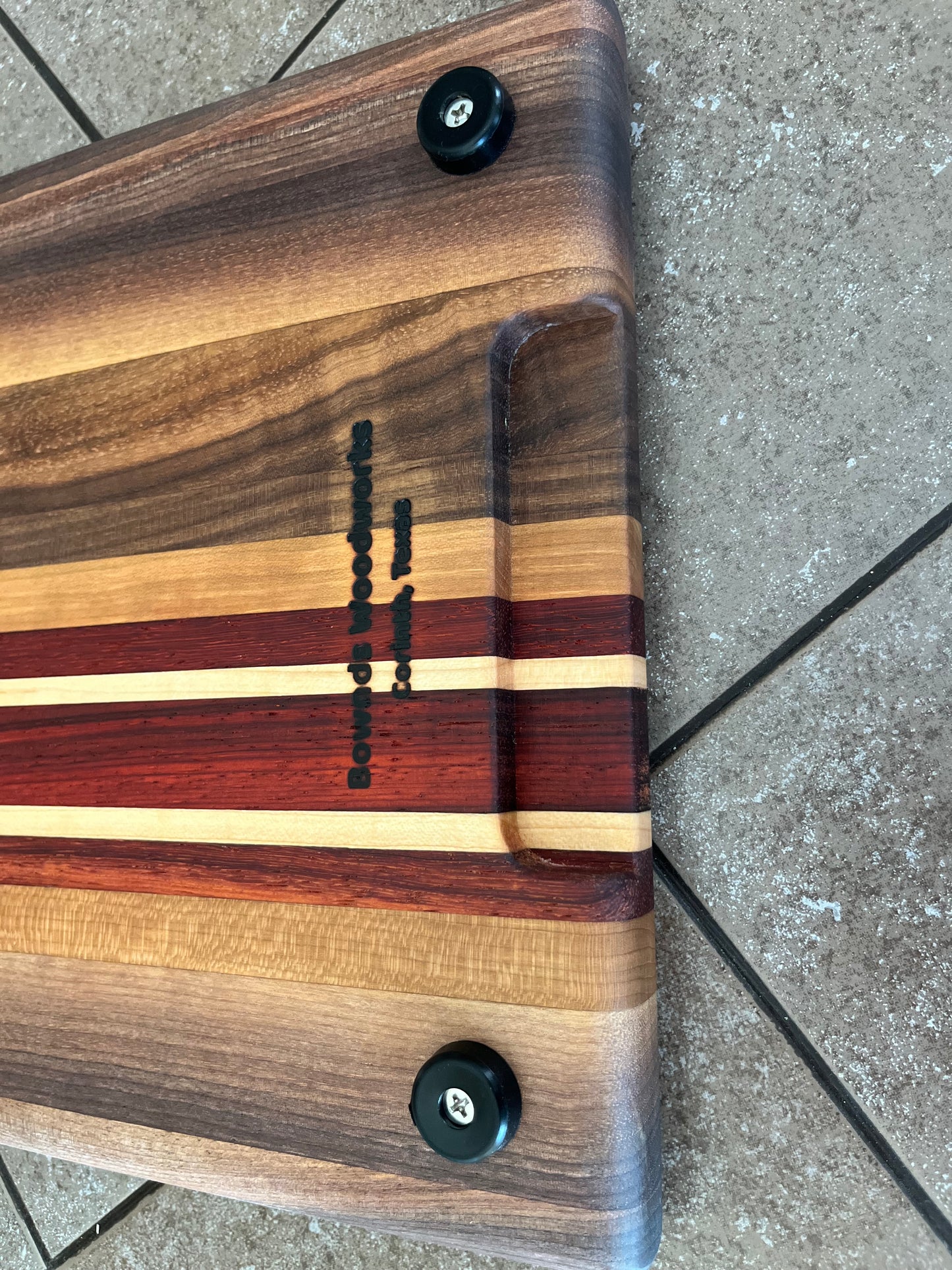 13-7/8"L X 10"W X 1"H Edge Grain Walnut Cutting Board with Cherry, Maple, Padauk accent strips