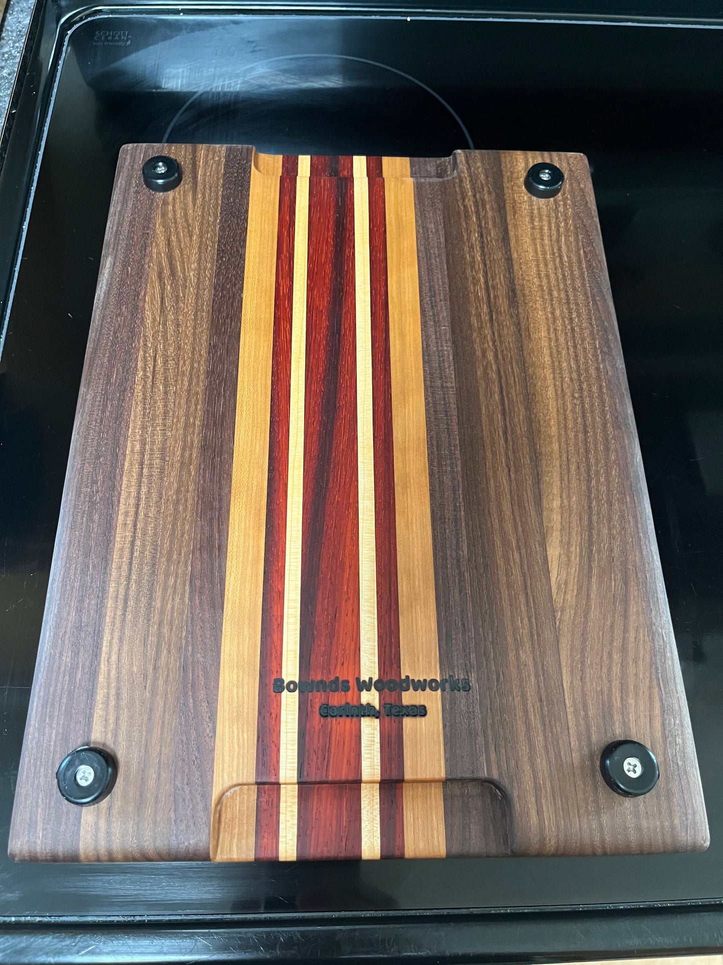 13-7/8"L X 10-1/4"W X 1"H Edge Grain Walnut Cutting Board with Cherry, Maple, Padauk accent strips