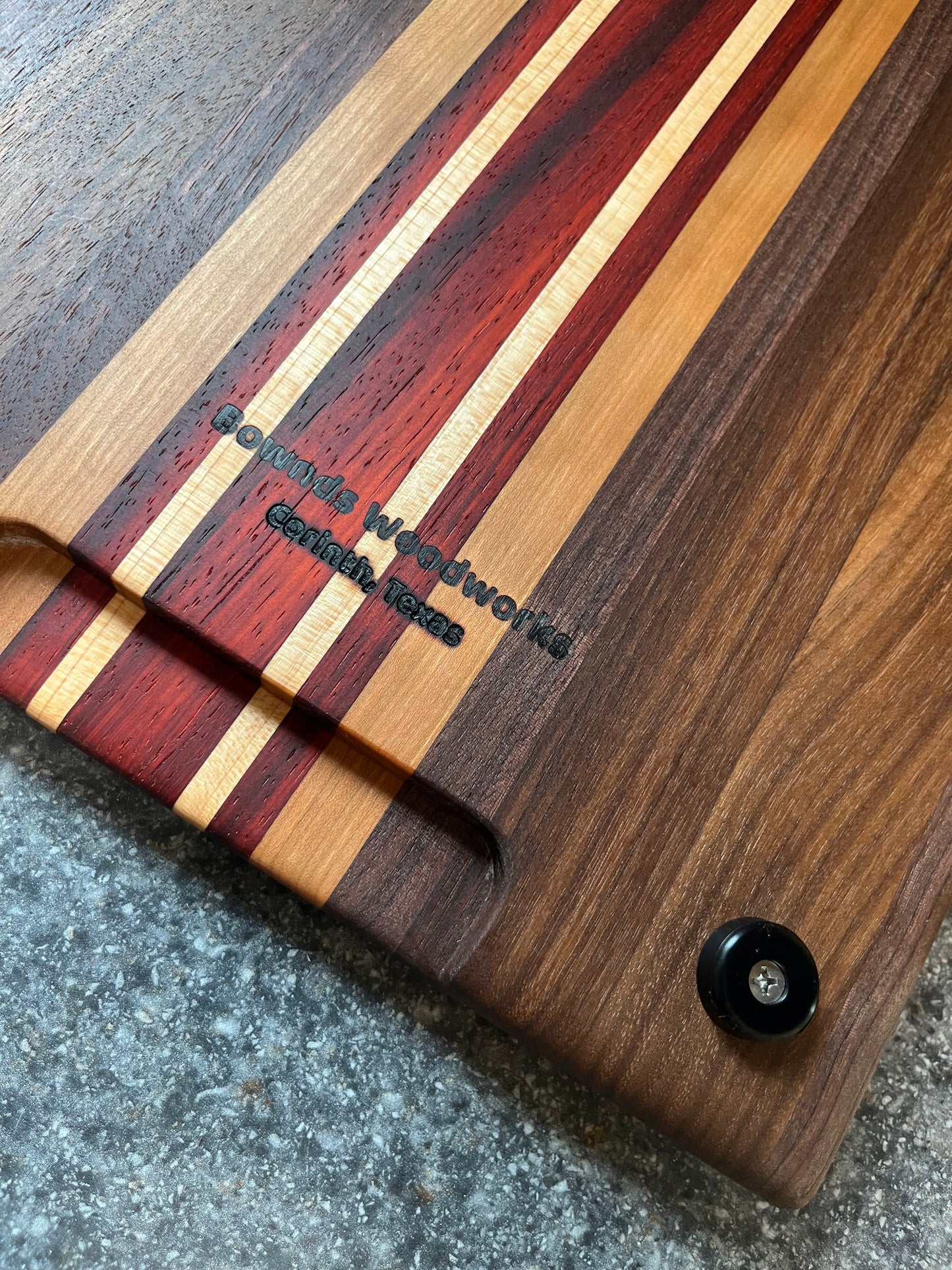 13-7/8"L X 10-1/4"W X 1"H Edge Grain Walnut Cutting Board with Cherry, Maple, Padauk accent strips