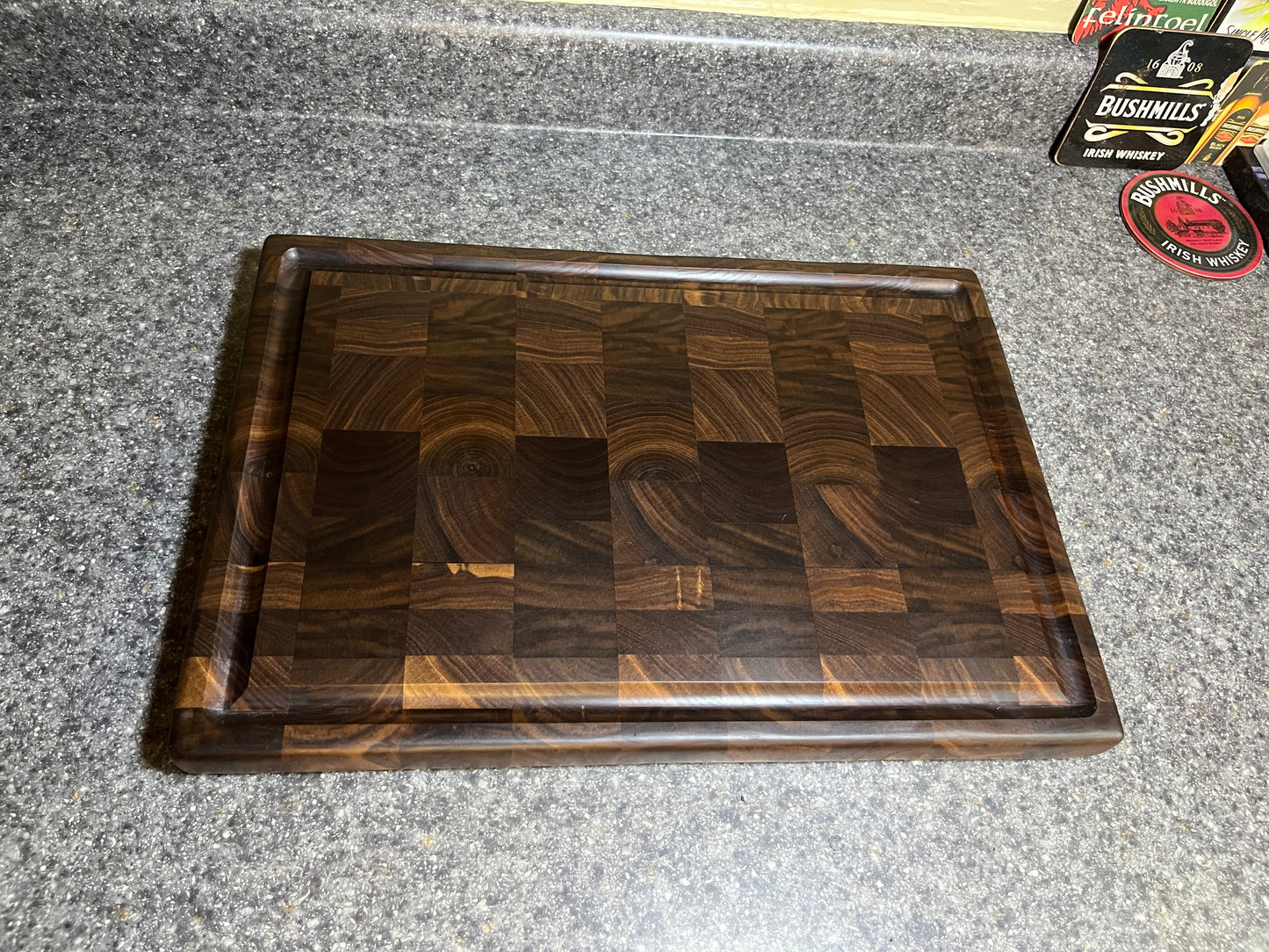 Walnut- End Grain Cutting Board w/juice groove– 16-¾" x 11-½" x 1-3/16"w/rubber feet