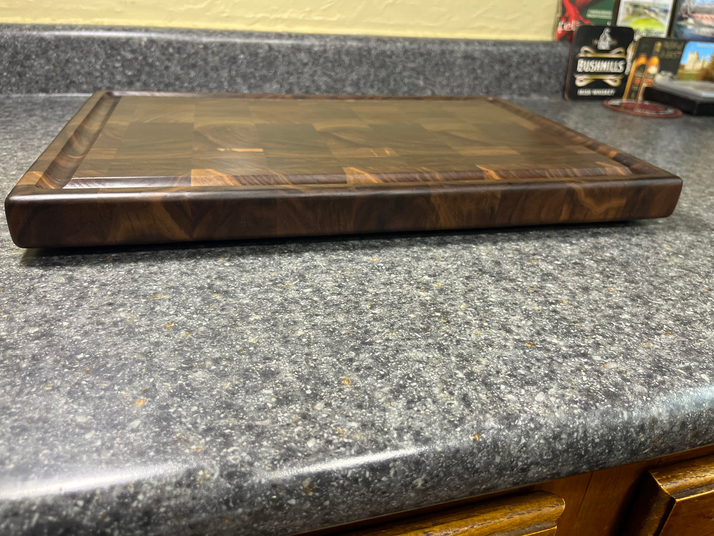 Walnut- End Grain Cutting Board w/juice groove– 16-¾" x 11-½" x 1-3/16"w/rubber feet