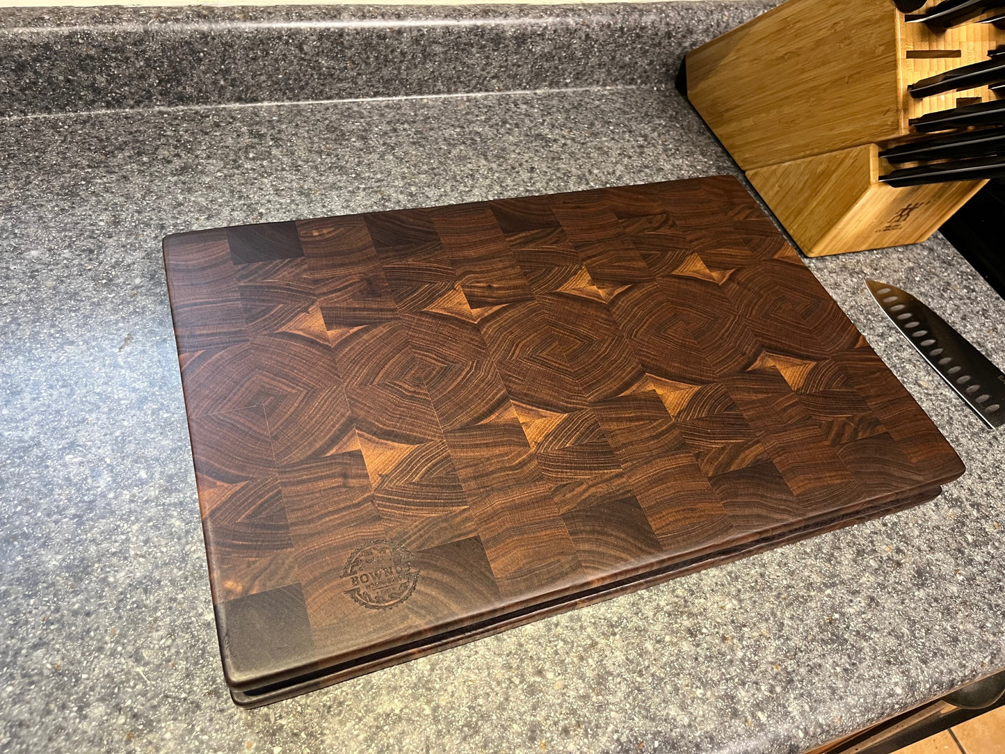 18-1/4"X12-1/4"X1-1/2" Walnut End Grain Cutting Board w/unique hand hold around all the side edges