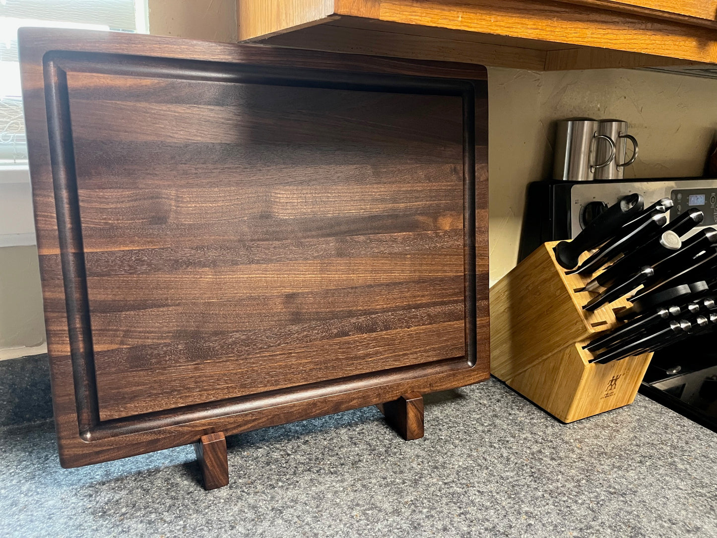 20" X 16-1/8" X 2" Walnut Edge Grain Cutting Board- w/juice groove and unique hand hold cut around the middle edges of the board