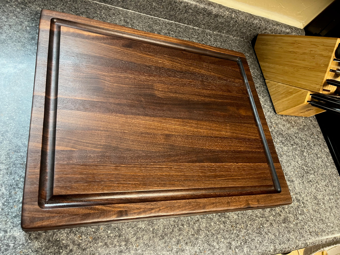 20" X 16-1/8" X 2" Walnut Edge Grain Cutting Board- w/juice groove and unique hand hold cut around the middle edges of the board
