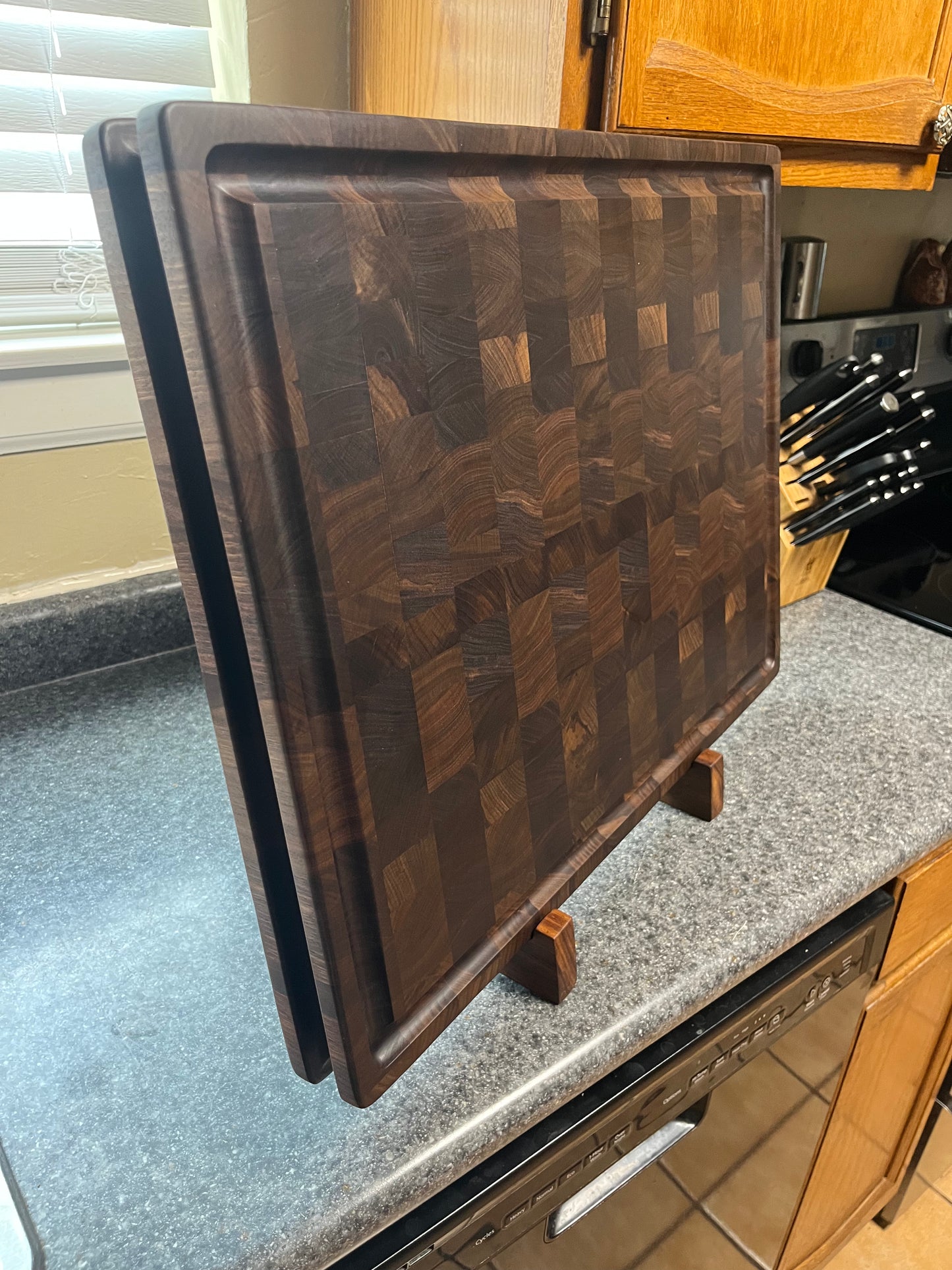 23-3/4"X18"X2" Walnut End Grain Cutting Board w/ juice groove & unique hand hold around all the side edges