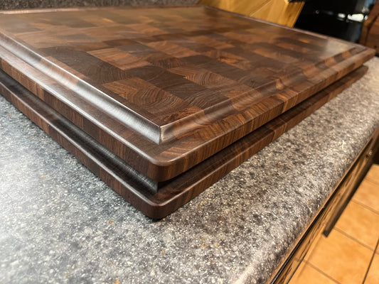 23-3/4"X18"X2" Walnut End Grain Cutting Board w/ juice groove & unique hand hold around all the side edges