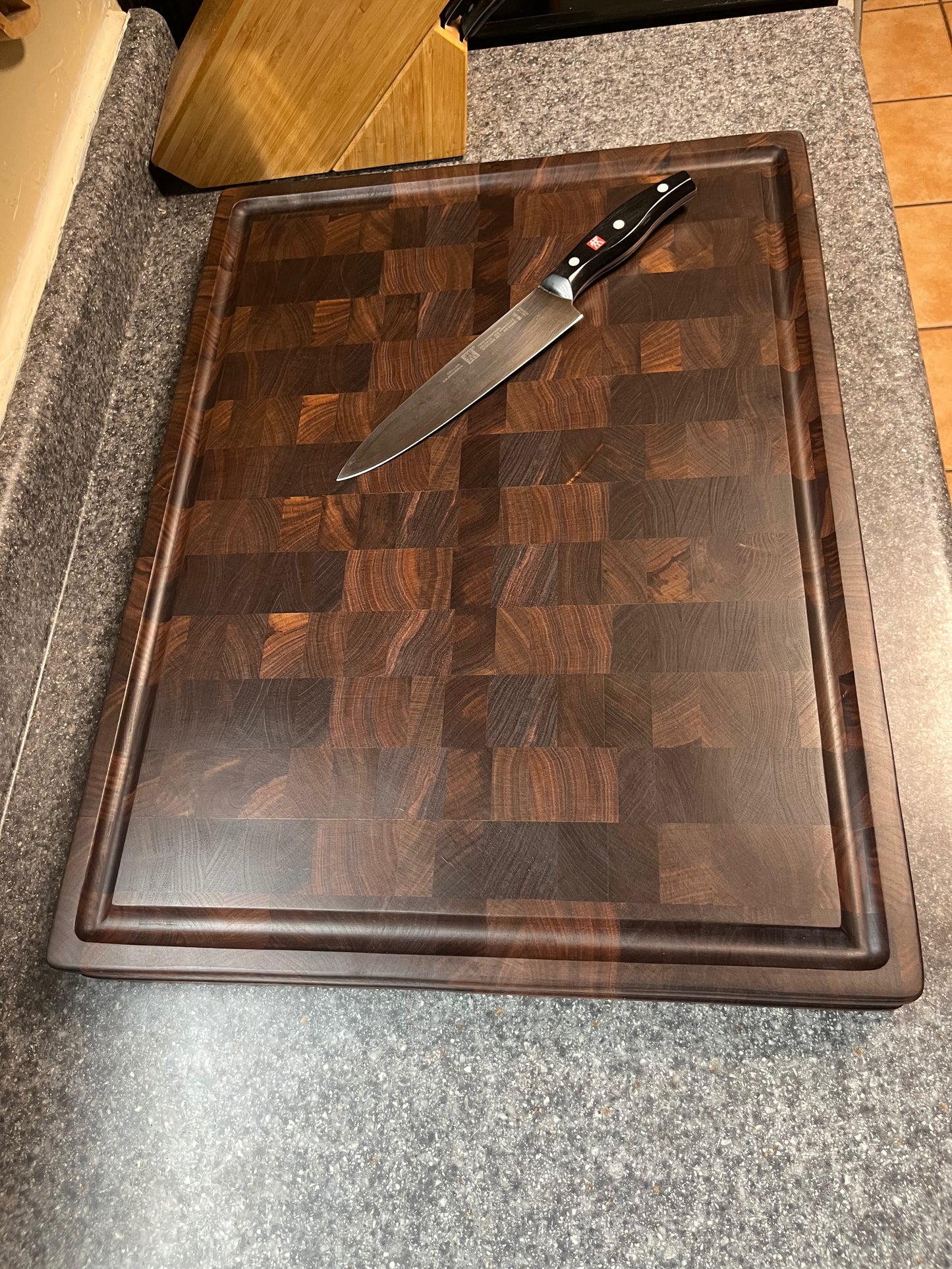 23-3/4"X18"X2" Walnut End Grain Cutting Board w/ juice groove & unique hand hold around all the side edges