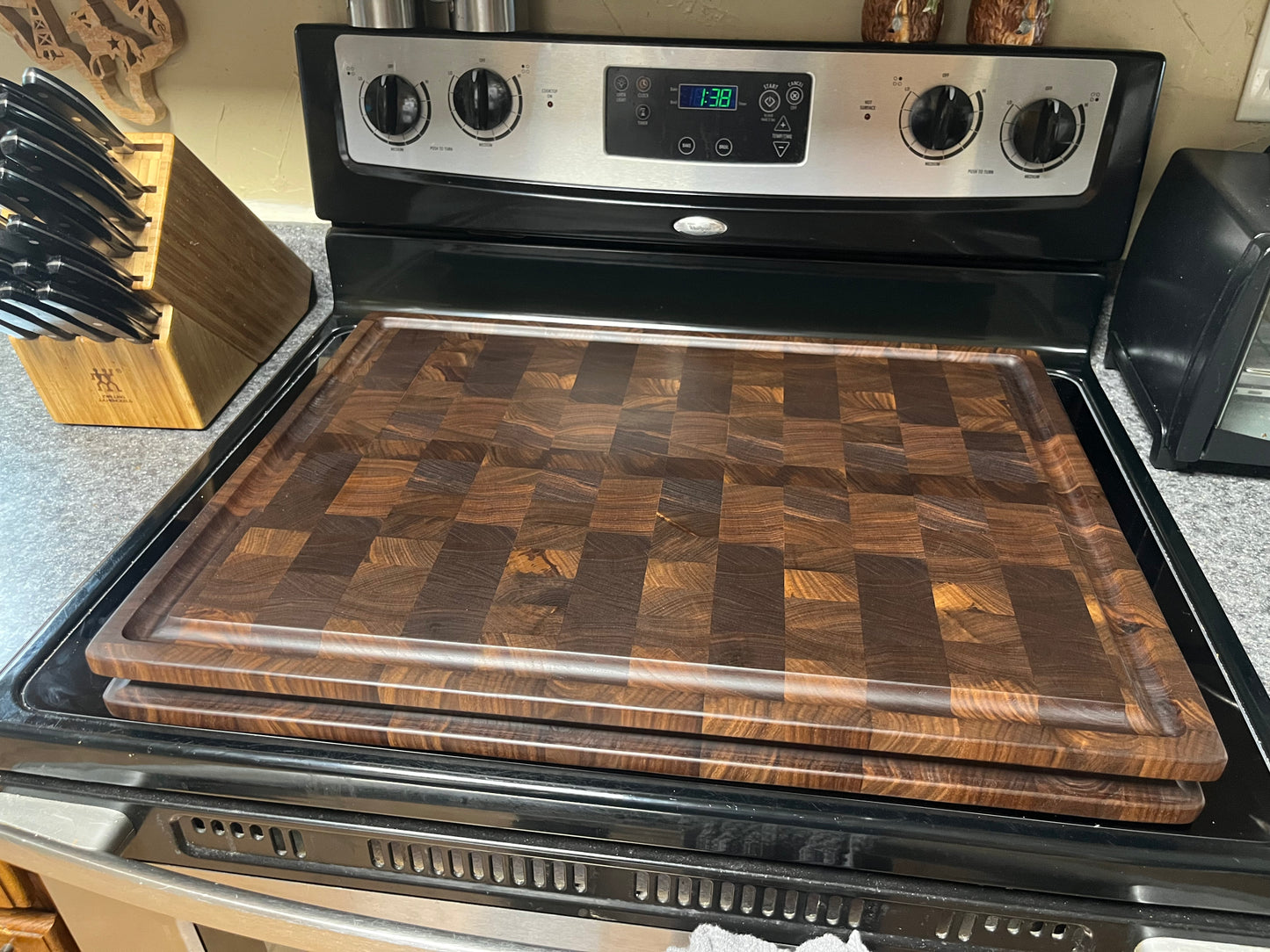 23-3/4"X18"X2" Walnut End Grain Cutting Board w/ juice groove & unique hand hold around all the side edges