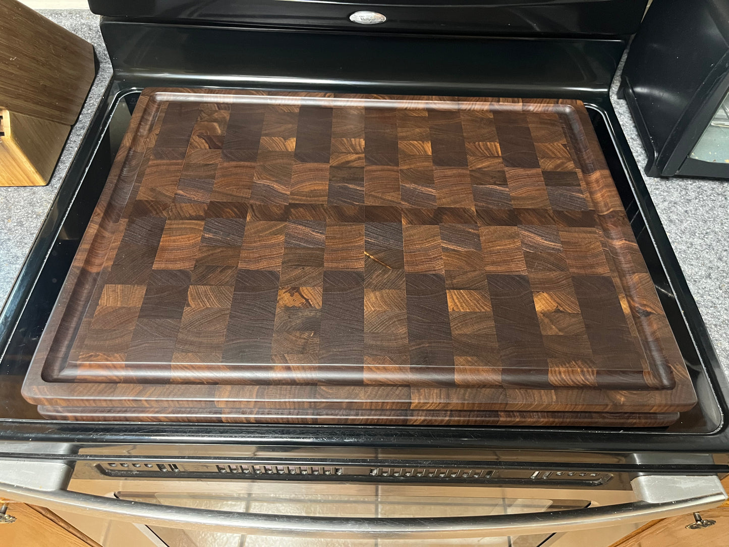 23-3/4"X18"X2" Walnut End Grain Cutting Board w/ juice groove & unique hand hold around all the side edges