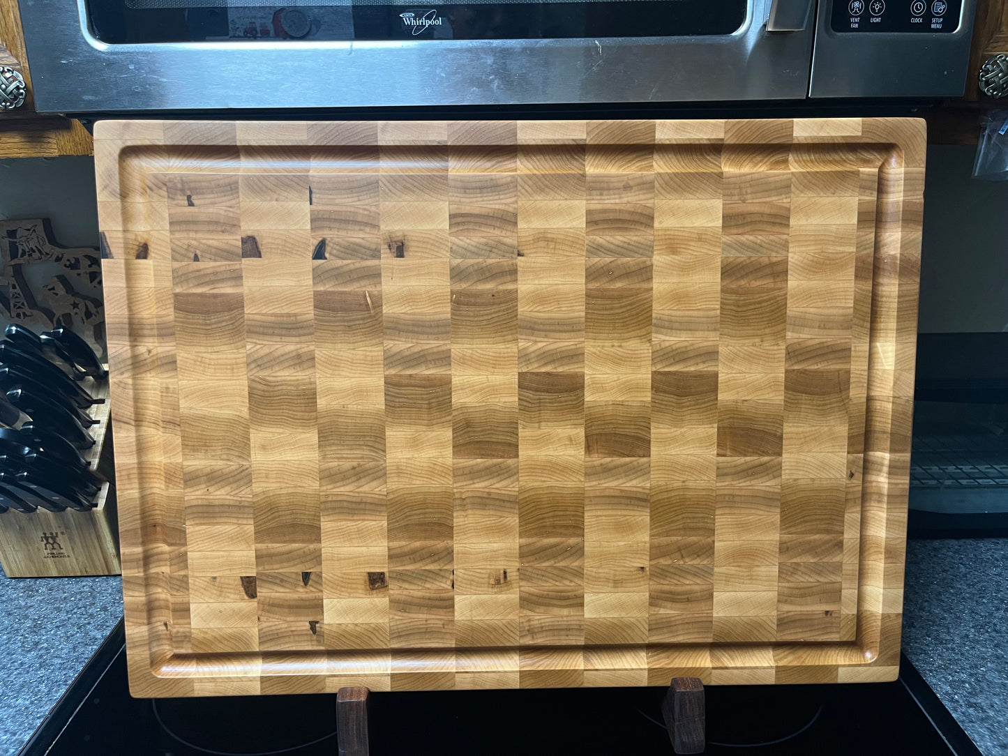 24"X17-1/4"X2" Maple End Grain Cutting Bd. w/juice groove & unique hand hold around edges
