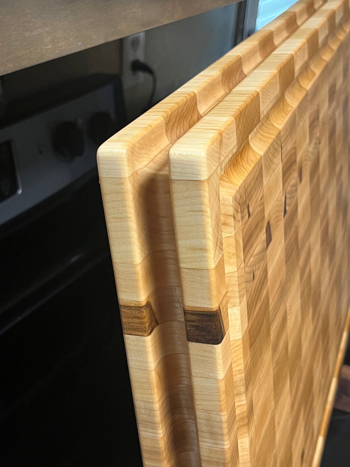 24"X17-1/4"X2" Maple End Grain Cutting Bd. w/juice groove & unique hand hold around edges