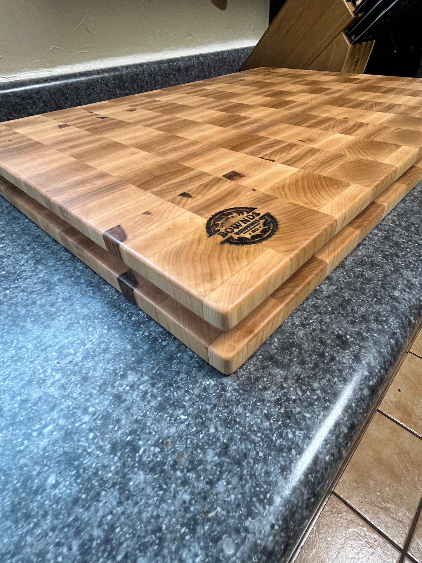 24"X17-1/4"X2" Maple End Grain Cutting Bd. w/juice groove & unique hand hold around edges