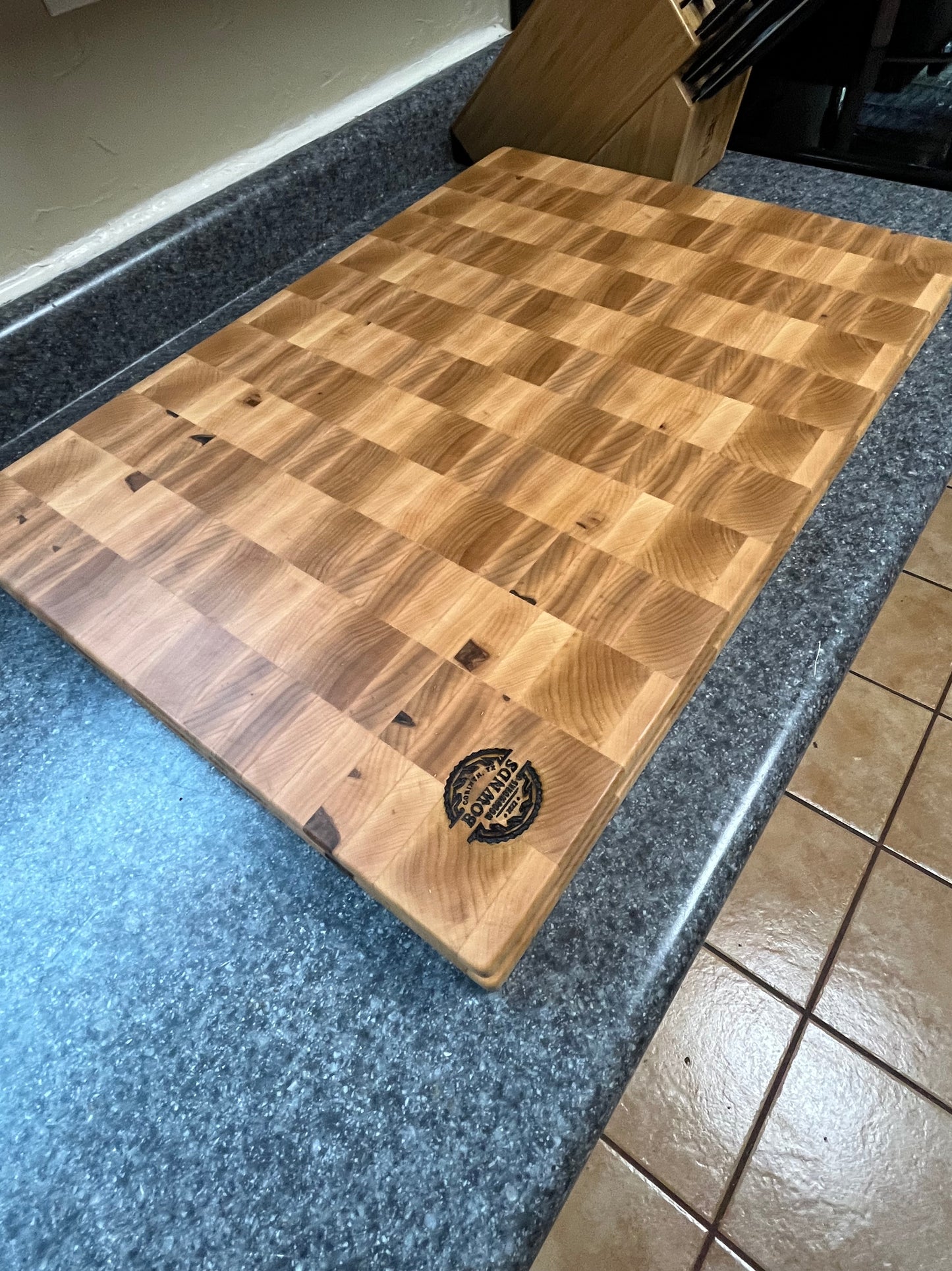 24"X17-1/4"X2" Maple End Grain Cutting Bd. w/juice groove & unique hand hold around edges