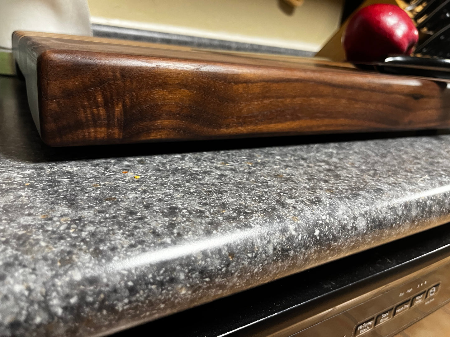 19"L X 13"W X 2"H Walnut edge grain cutting board with cherry, maple, African wenge & padauk accent strips.