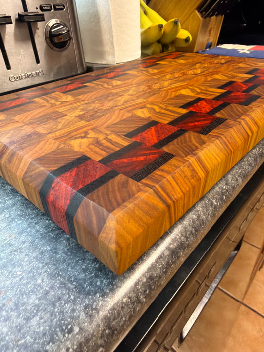 17-7/8"X11-3/4”X1-5/8” Canarywood w/Padauk & Wenge end grain cutting board -with beveled edges.