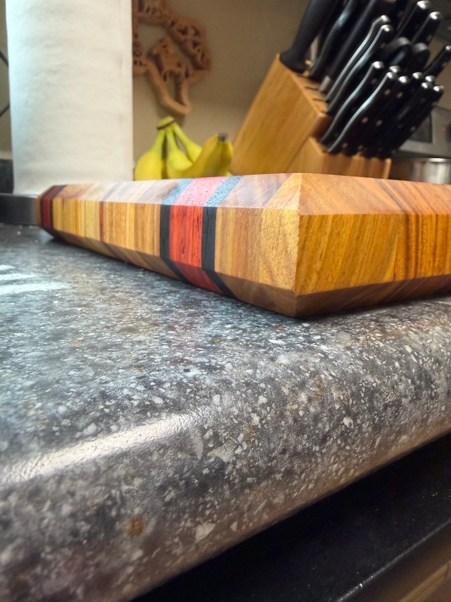 17-7/8"X11-3/4”X1-5/8” Canarywood w/Padauk & Wenge end grain cutting board -with beveled edges.