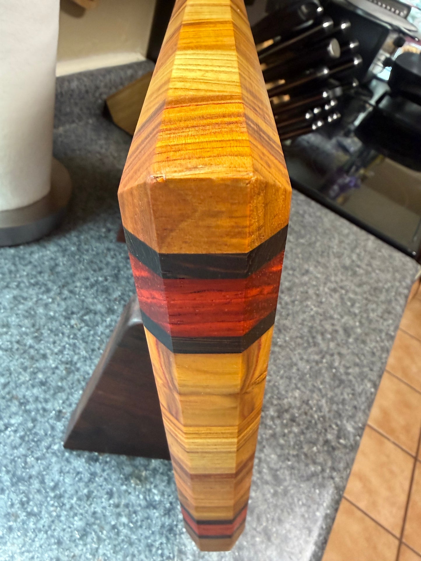 17-7/8"X11-3/4”X1-5/8” Canarywood w/Padauk & Wenge end grain cutting board -with beveled edges.