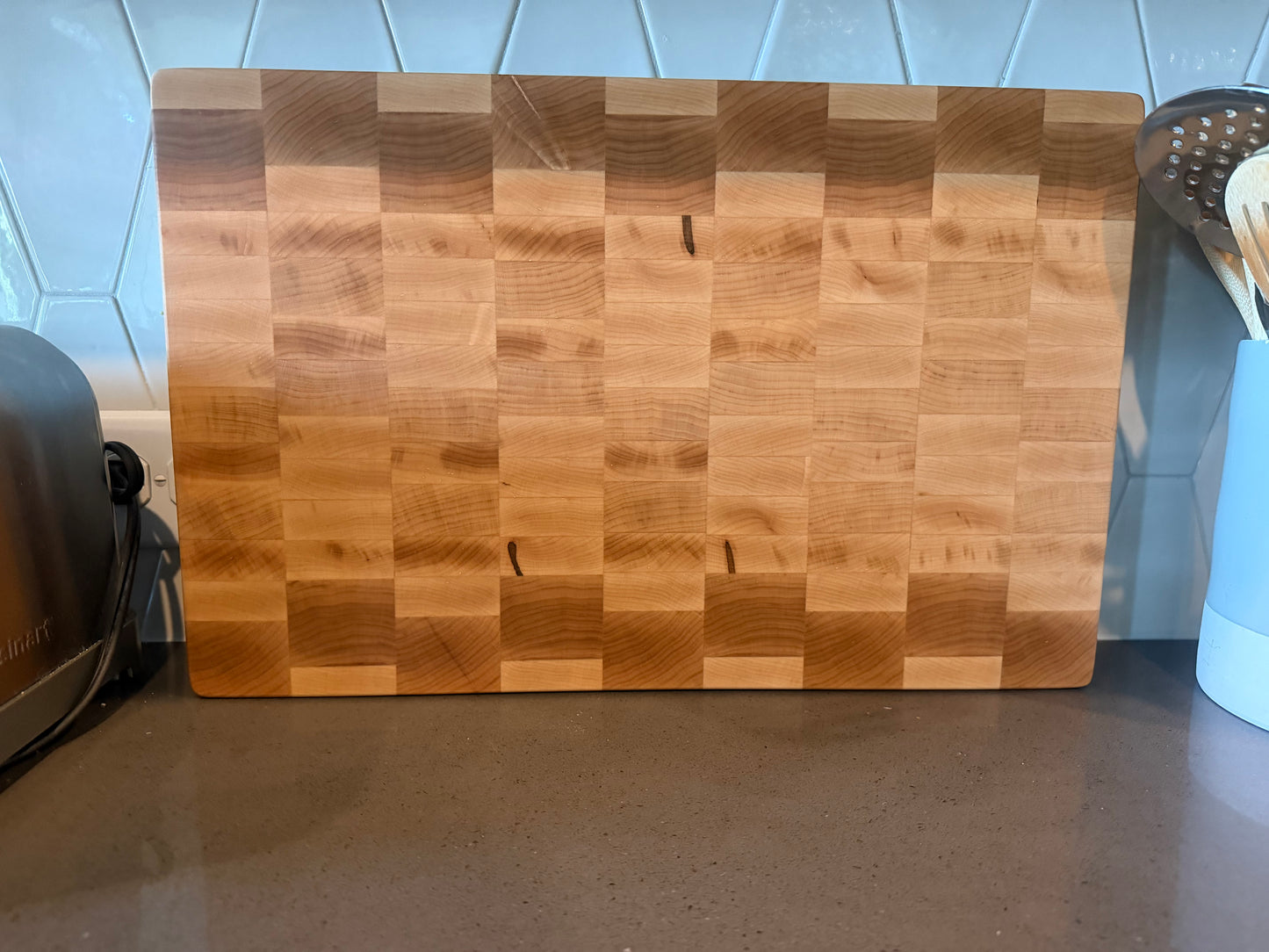 18-1/4"X11-3/4"X2" Maple End Grain Cutting Bd. w/hand hold all the way across the edge of each end