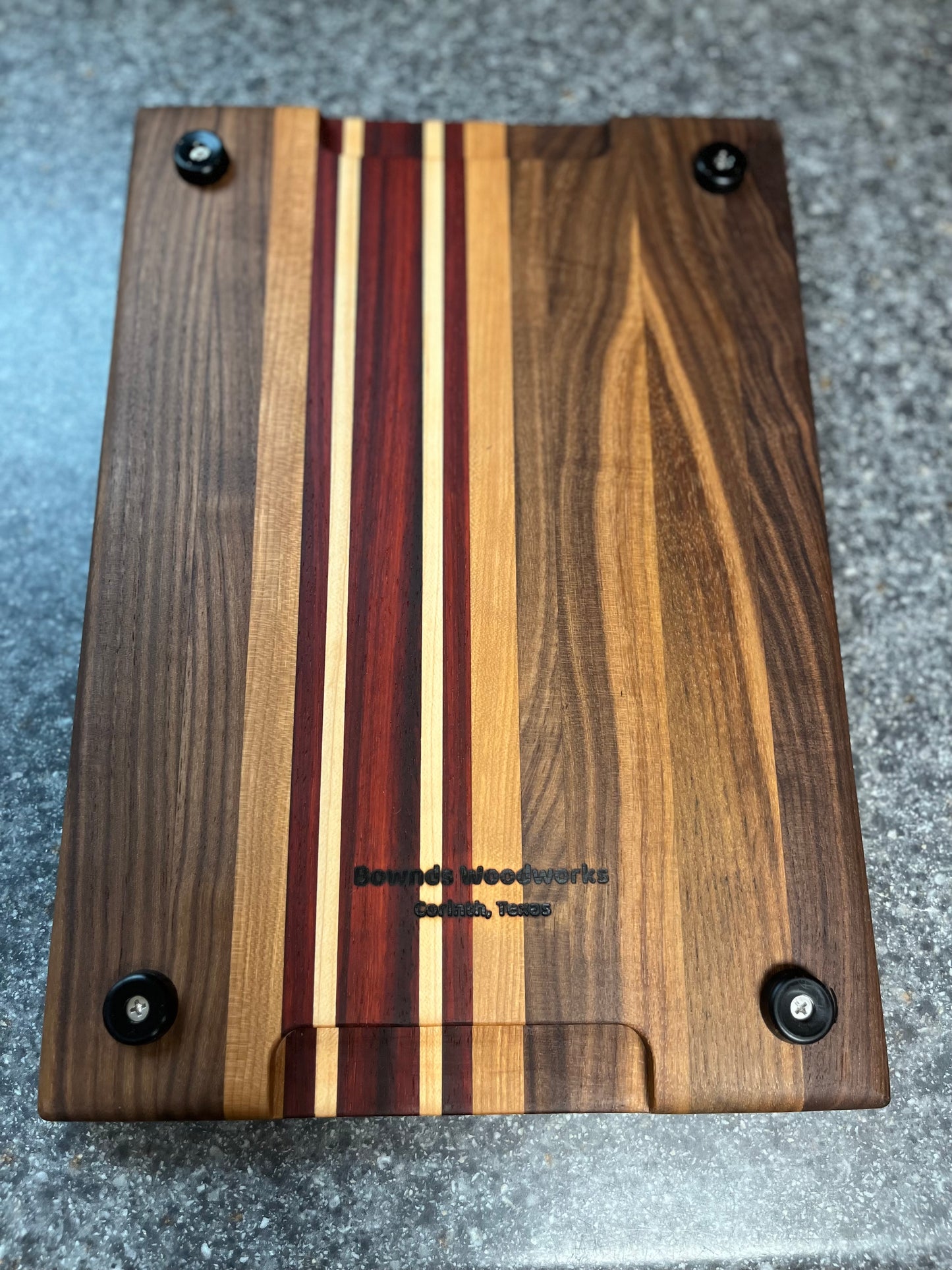 13-7/8"L X 9-7/8"W X 1"H Edge Grain Walnut Cutting Board with Cherry, Maple, Padauk accent strips