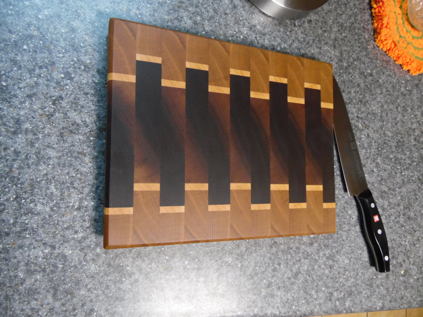 12-3/8" X 9-5/8" X 1" End Grain Cutting Board-Walnut, and cherry with maple accent strips with beveled edges