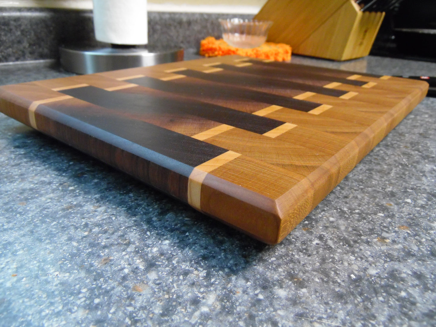 12-3/8" X 9-5/8" X 1" End Grain Cutting Board-Walnut, and cherry with maple accent strips with beveled edges